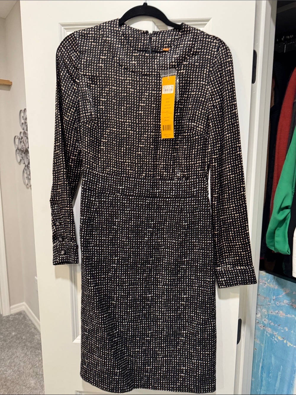 Tory Burch Black Dress with White Dot Pattern - Long Sleeve Sheath